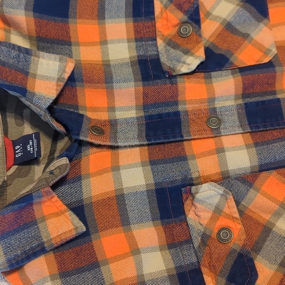 Navy tan and orange plaid flannel button-down shirt with snaps - Picture 2 of 3